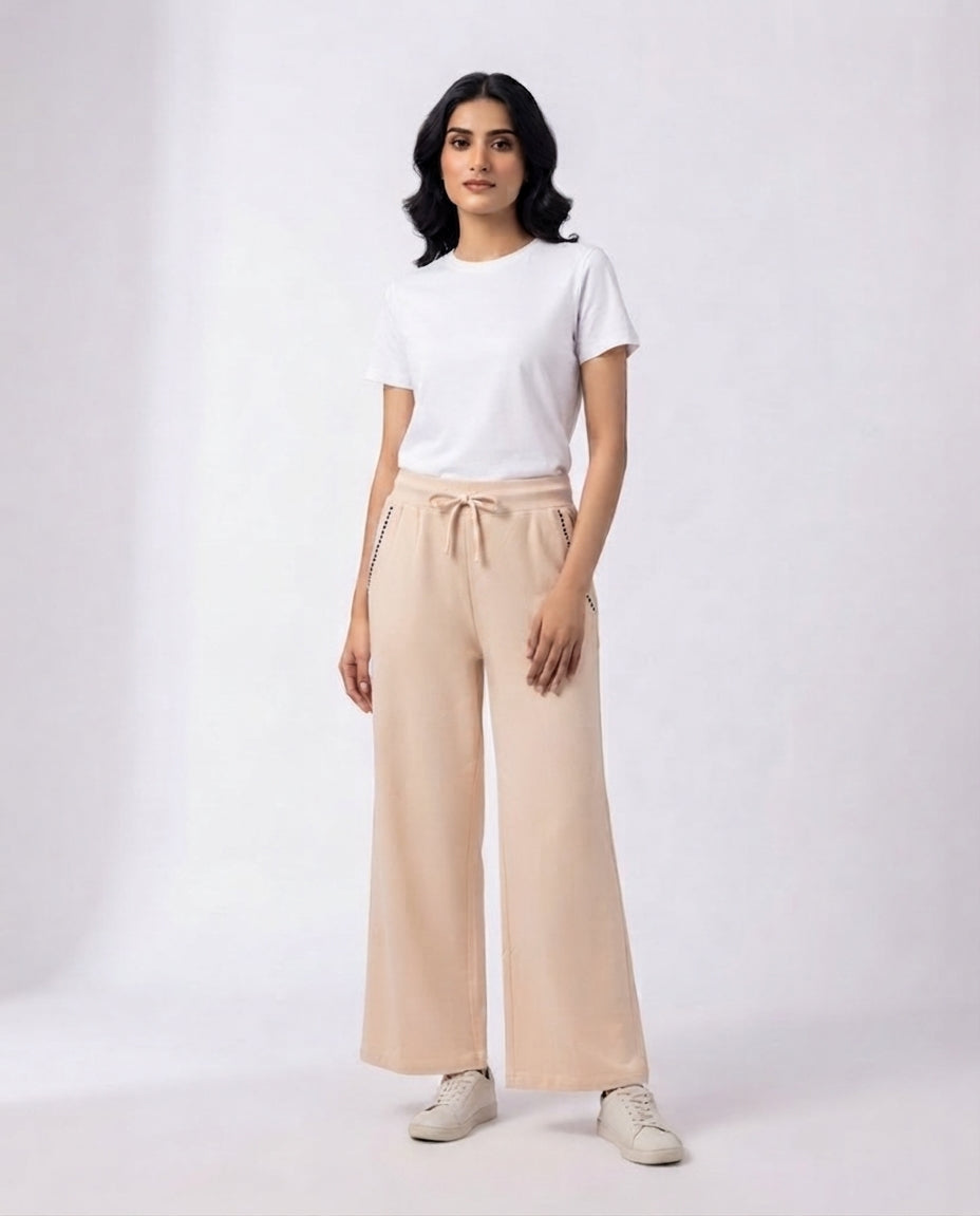 Women's summer pull-on trousers, cream with elastic waist and drawstring tie