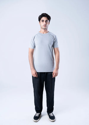 Men's light grey crew-neck t-shirt with short sleeves and straight hem