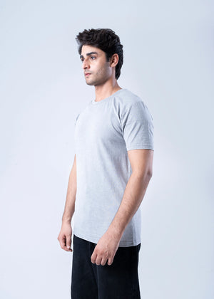Men's light grey crew-neck t-shirt in side profile, short sleeves