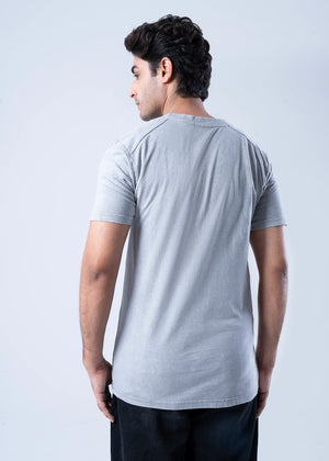Men's light grey crew-neck t-shirt, back view with short sleeves