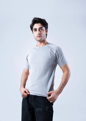 Men's light grey crew-neck t-shirt, front view with short sleeves