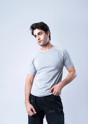 Men's light grey crew-neck t-shirt, angled front view with short sleeves