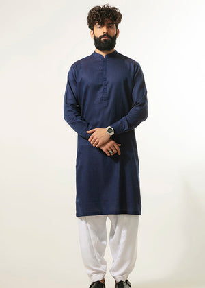 Blue long kurta tunic with stand collar, front buttons, and long sleeves
