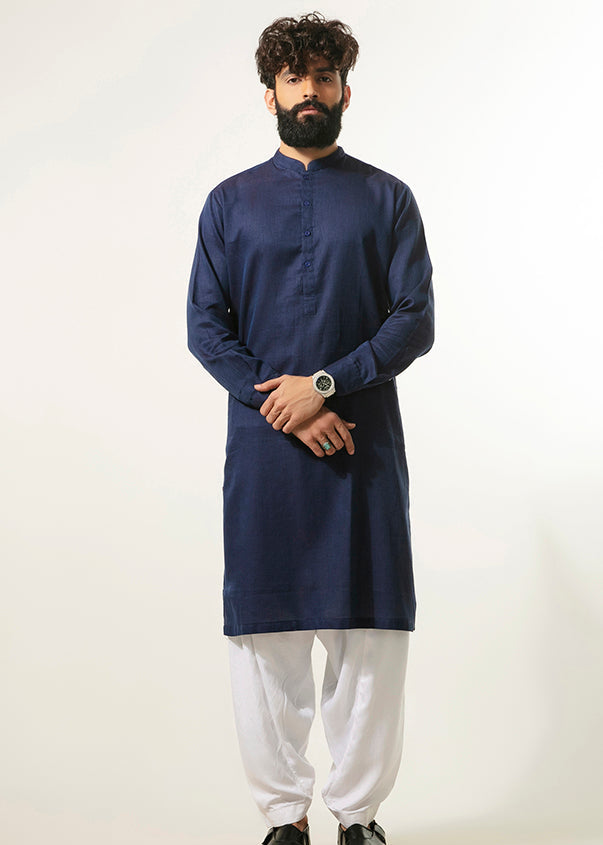 Blue long kurta tunic with stand collar, front buttons, and long sleeves