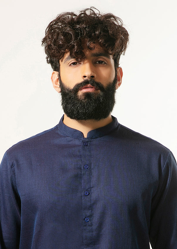 Blue long-sleeve kurta with stand collar and button front placket