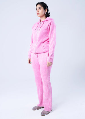 Men's pink fleece zip-up hoodie and sweatpants set, side view