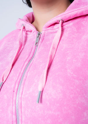 Men's pink fleece zip-up hoodie neck and drawstring tips