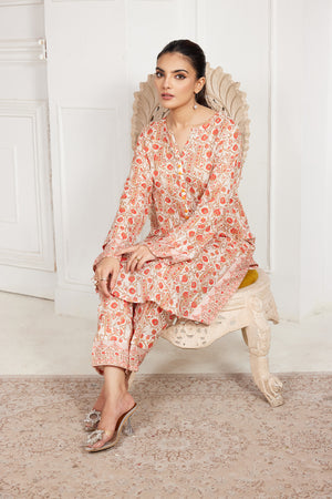 Orange printed 2-piece summer suit with long-sleeve tunic and matching pants