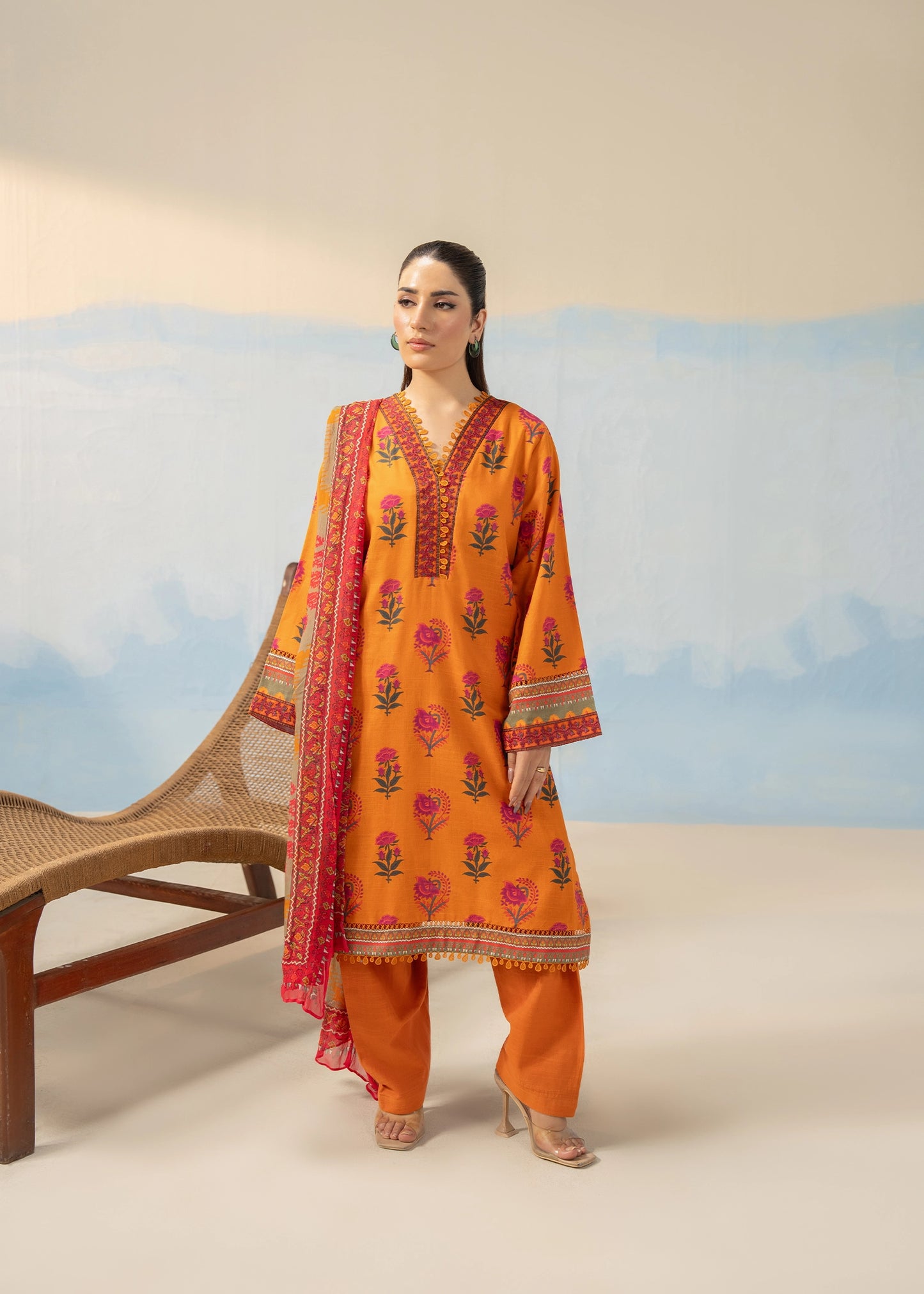 3 PCS SUIT ORANGE PRINTED - LDS-7107