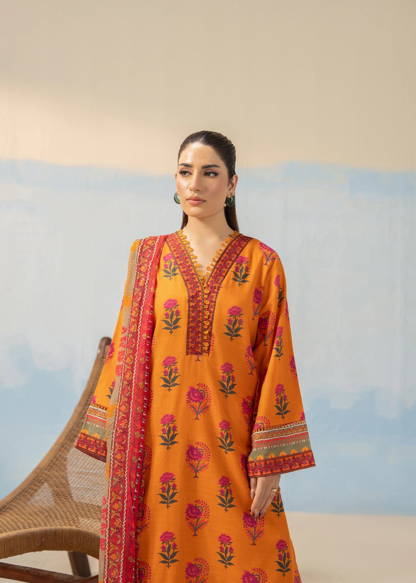 3 PCS SUIT ORANGE PRINTED - LDS-7107