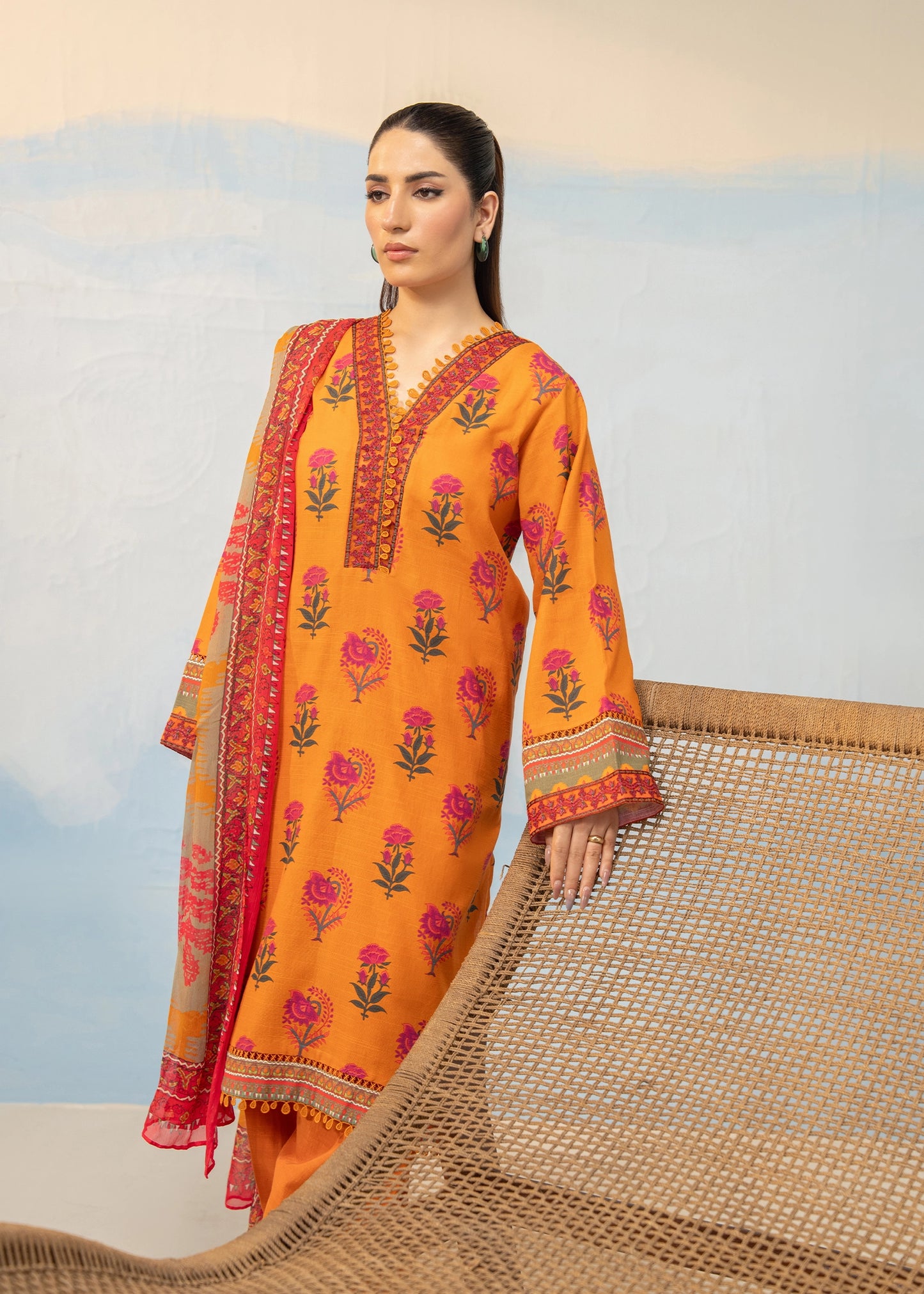 3 PCS SUIT ORANGE PRINTED - LDS-7107