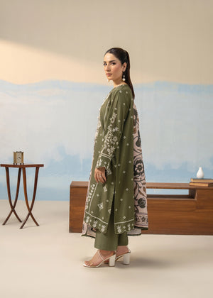 Olive green 3-piece women’s winter suit set with kurta, pants, and printed dupatta