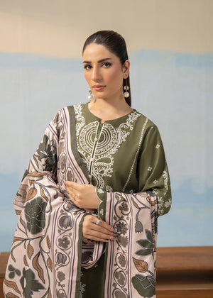 Olive green kurta with front embroidery and beige printed dupatta draped over sleeves