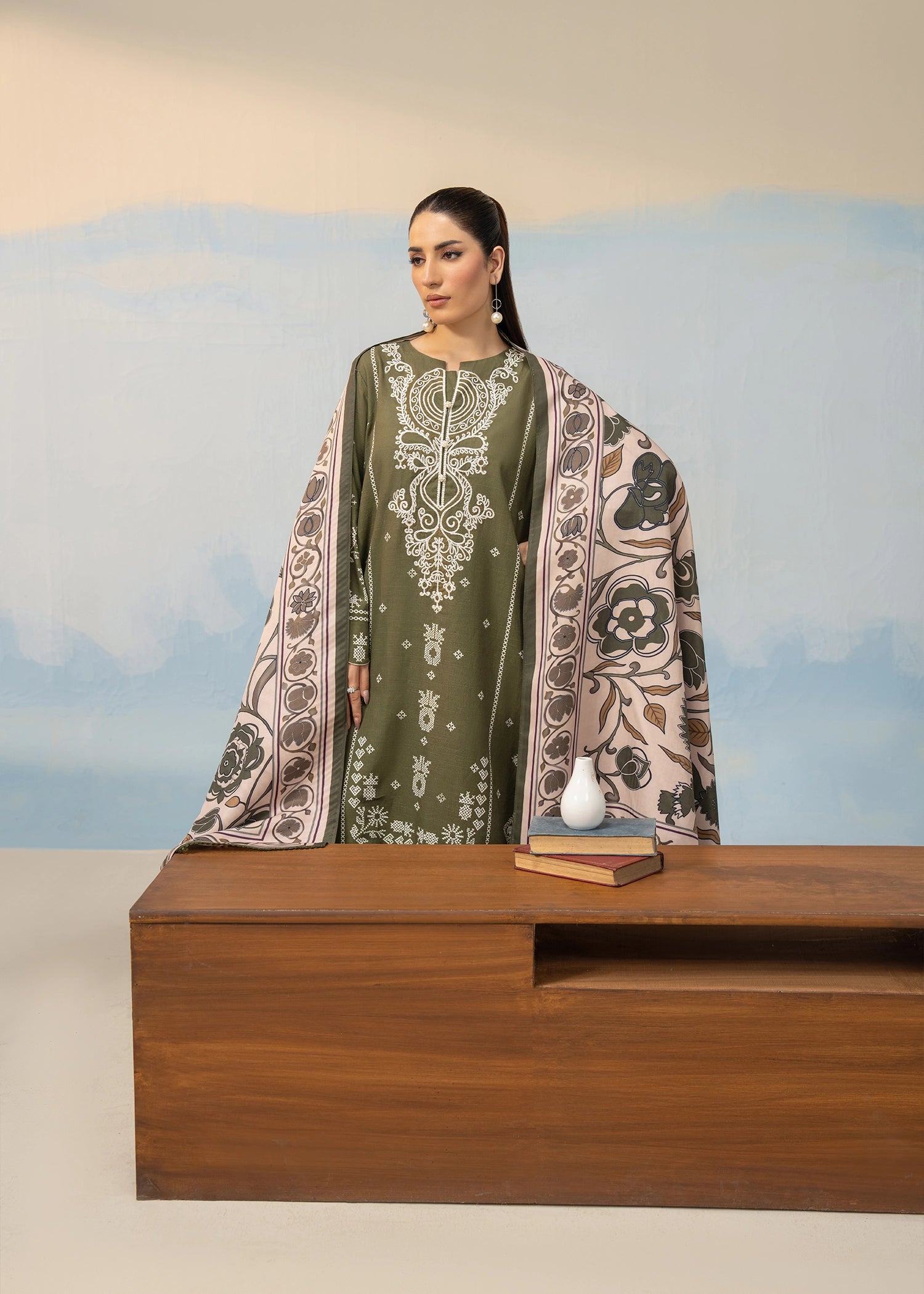 Olive green embroidered kurta with matching pants and border-printed dupatta, full view