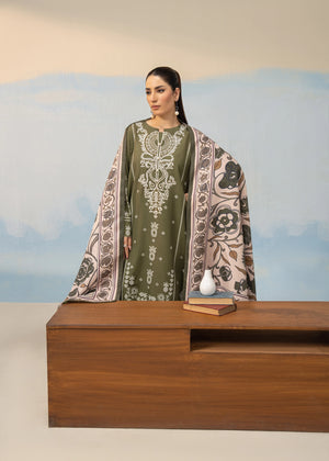 Olive green embroidered kurta with matching pants and border-printed dupatta, full view
