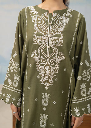 Olive green embroidered kurta back with vertical motif and wide patterned sleeve cuffs