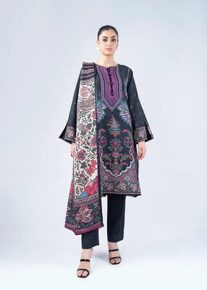 Women’s printed winter suit set: dark kurta with floral panel, dark pants