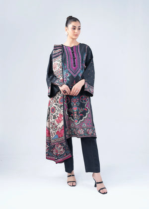 Women’s printed winter suit set, dark kurta with multicolor embroidery and long sleeves, pants