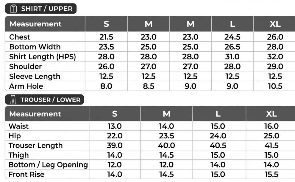 Women's winter Co-ord set Skin Size Chart