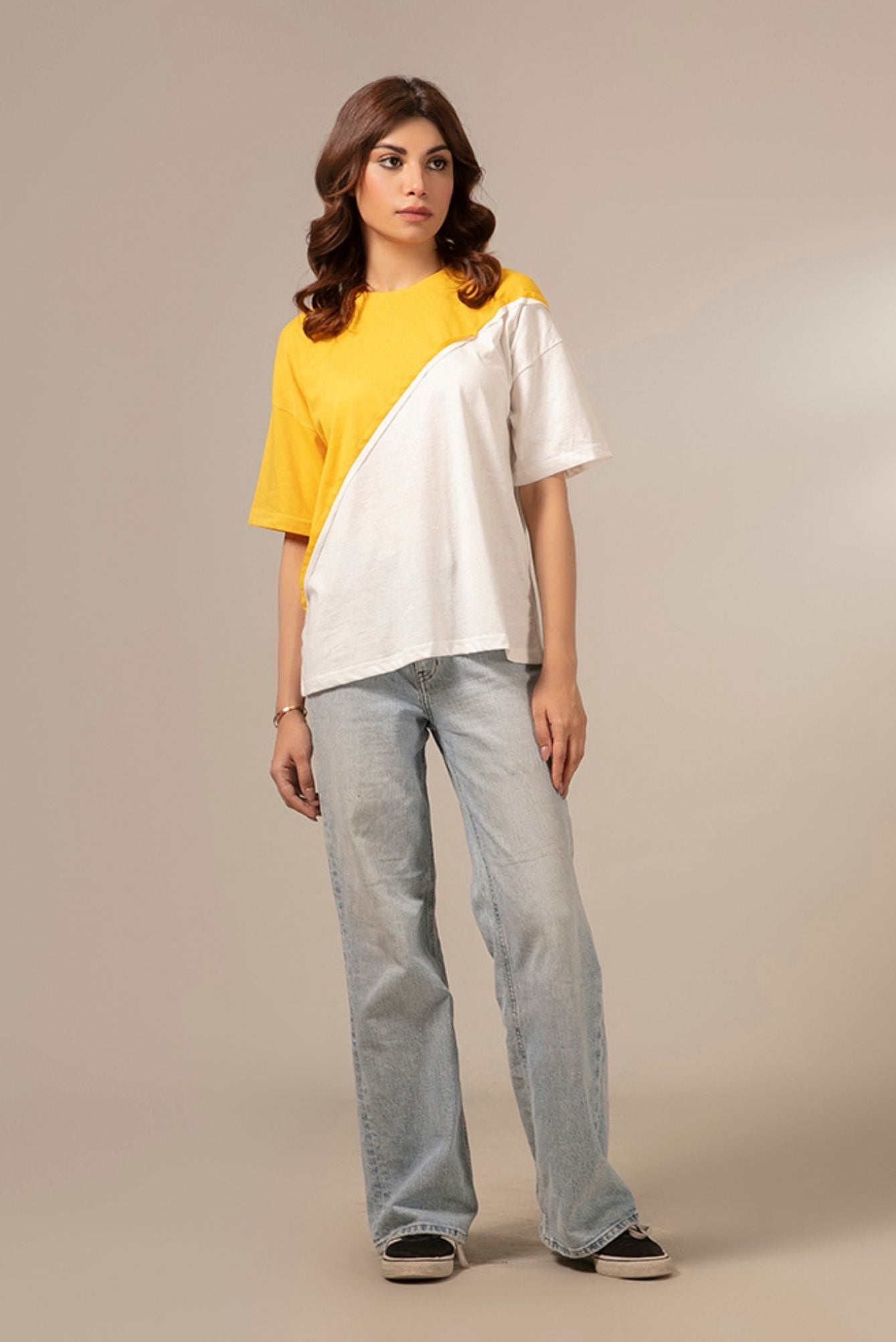 Picture of LDS-A1713 FASHION T-SHIRT YELLOW/OFF WHITE - Chenone Official - Online Shopping