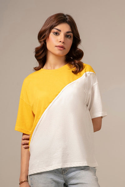 Picture of LDS-A1713 FASHION T-SHIRT YELLOW/OFF WHITE - Chenone Official - Online Shopping