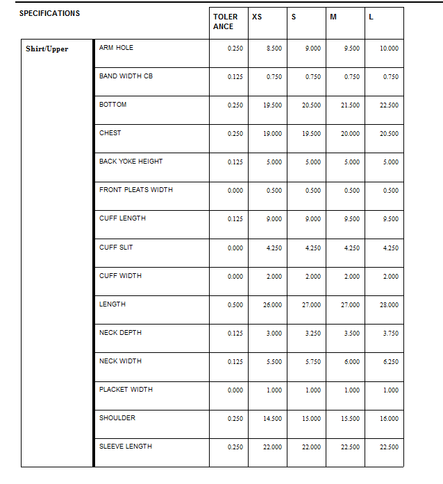 Women's  Shirt Casual Mustard Size Chart