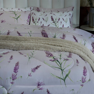Lilac comforter set with lavender sprig printed pillowcases and quilted front