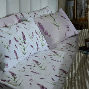 Lilac comforter set with lavender sprig printed duvet and two matching pillows