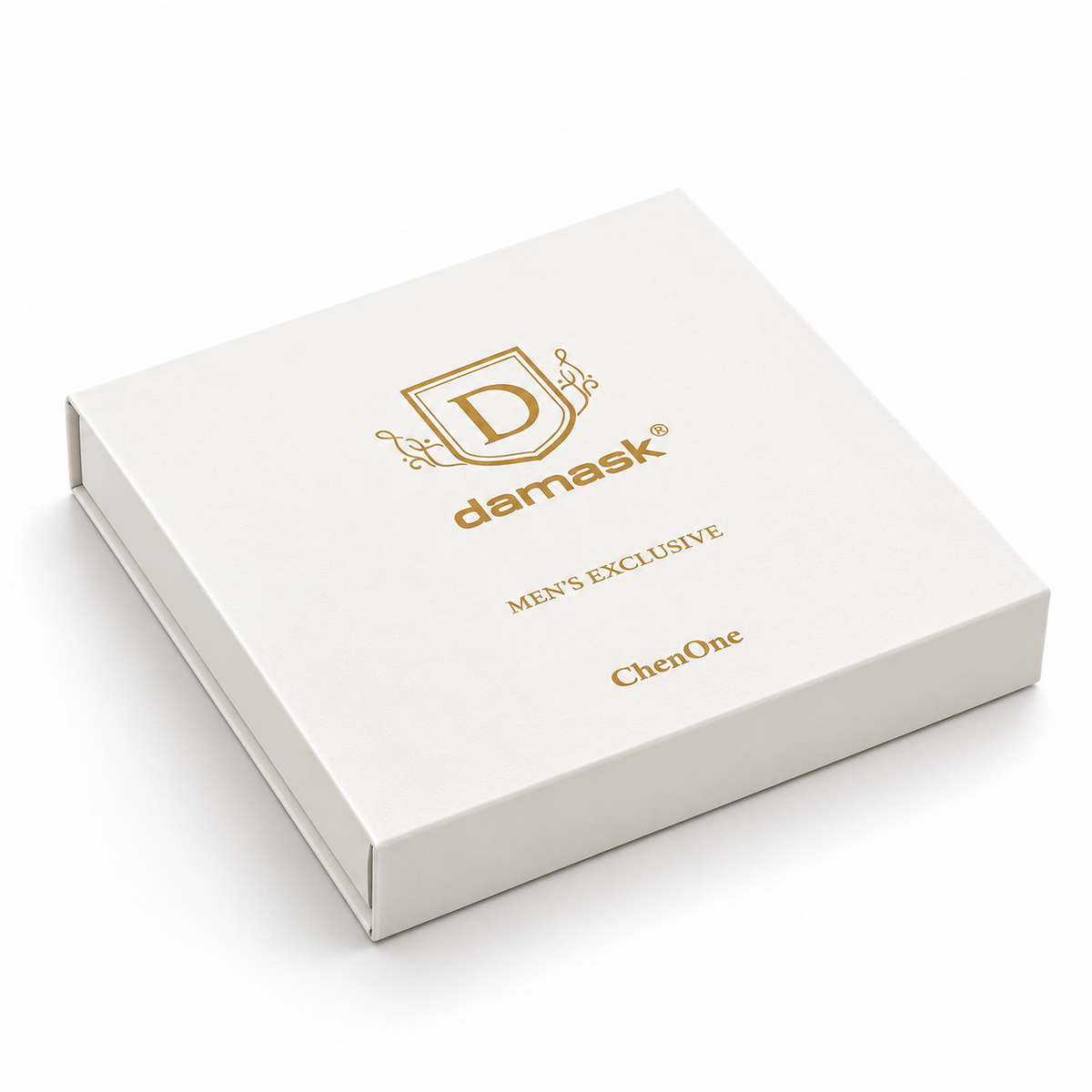 White Damask box with Men's Exclusive logo and ready-to-stitch fabric text
