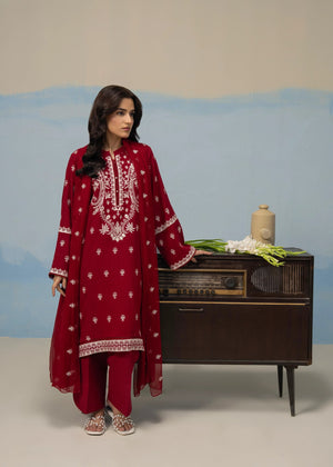 Maroon embroidered women’s suit set with long kurta, straight pants, and sheer dupatta