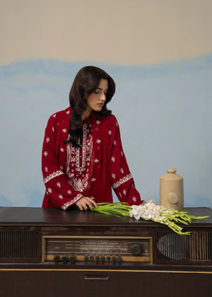 Maroon embroidered long kurta with sheer dupatta overlay and coordinating pants