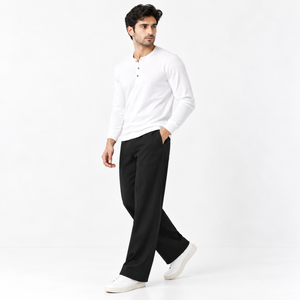 Men's black pull-on trousers, side view, relaxed straight legs