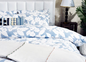 Blue and white floral cotton sateen duvet cover set with matching pillowcases