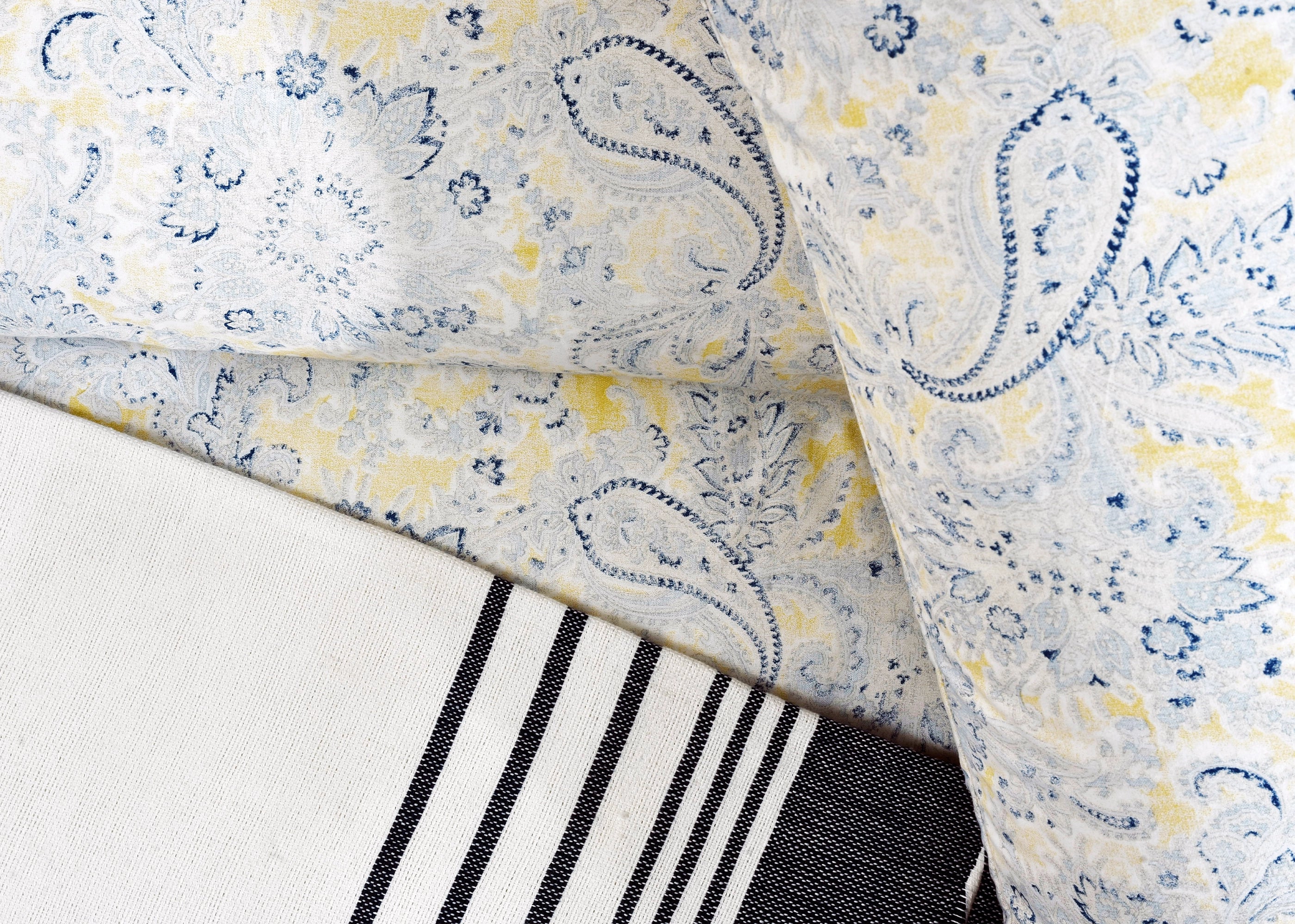 Cotton sateen duvet cover with blue paisley print and navy stripe trim