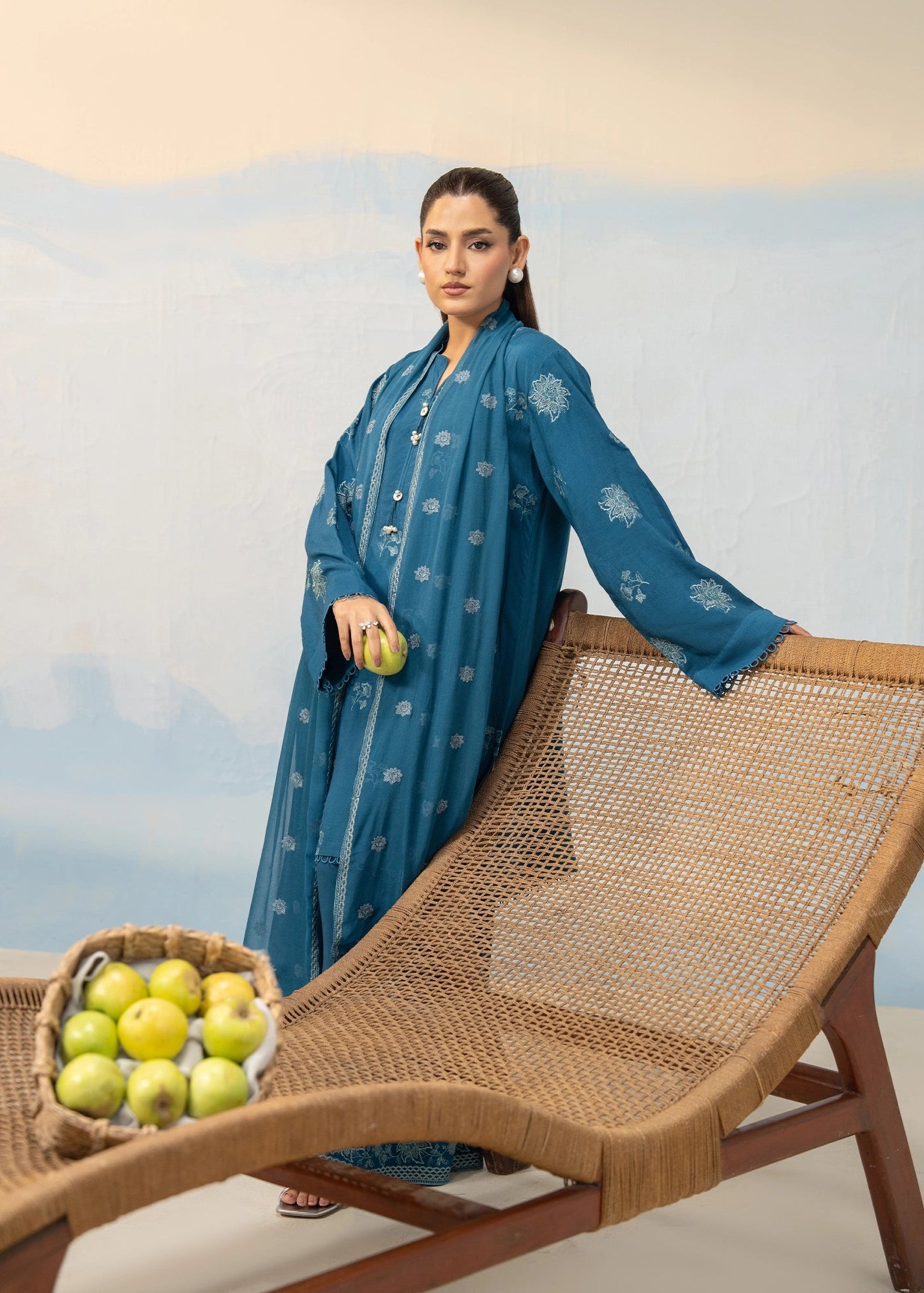 Women's blue embroidered kurta set with long sleeves, button front, and sheer dupatta