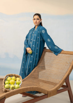 Women's blue embroidered kurta set with long sleeves, button front, and sheer dupatta