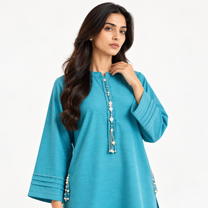 Long tunic in women's 2-piece suit, teal blue with tassel button placket