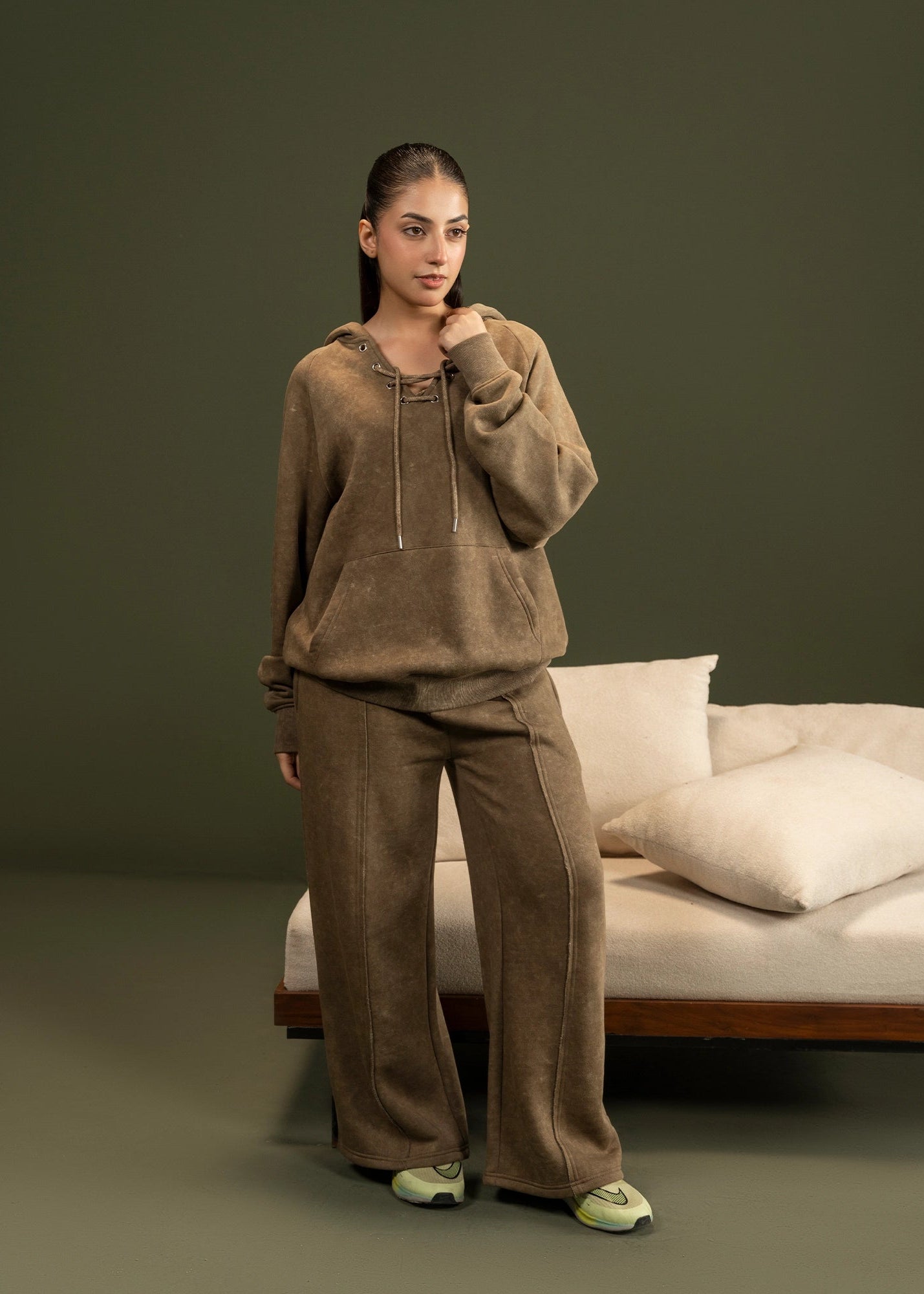 Men's brown terry casual trousers, front view with relaxed full-length legs.