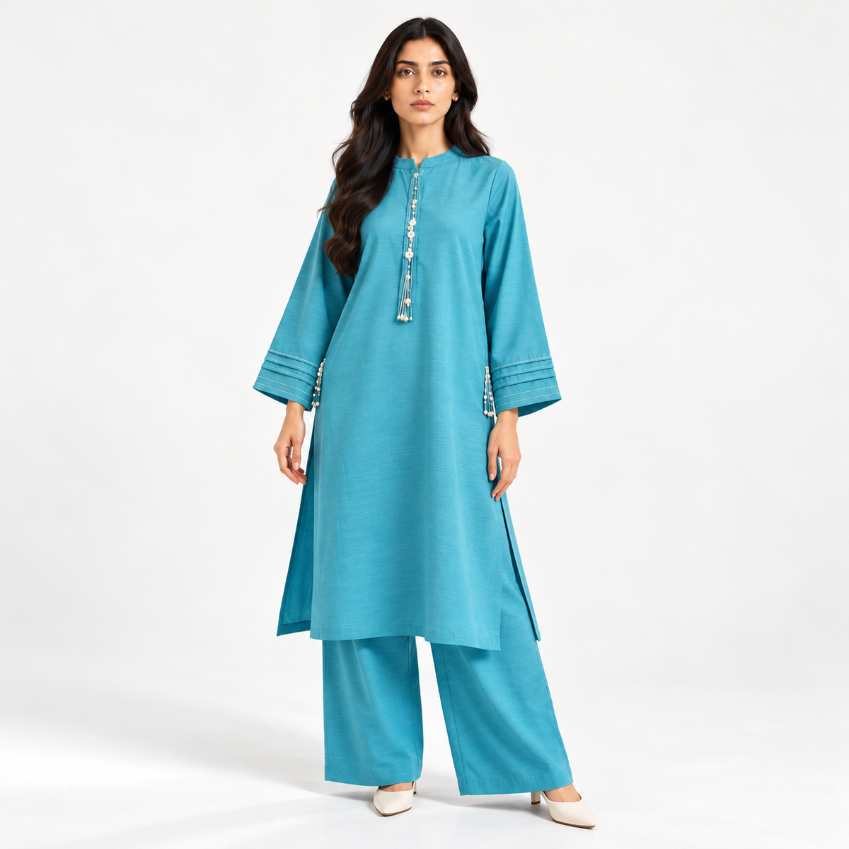 Women's 2-piece suit: long tunic with tassel buttons and wide-leg pants, teal
