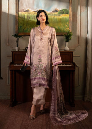Light pink 3-piece suit with long kurta, matching pants, and purple-trim dupatta