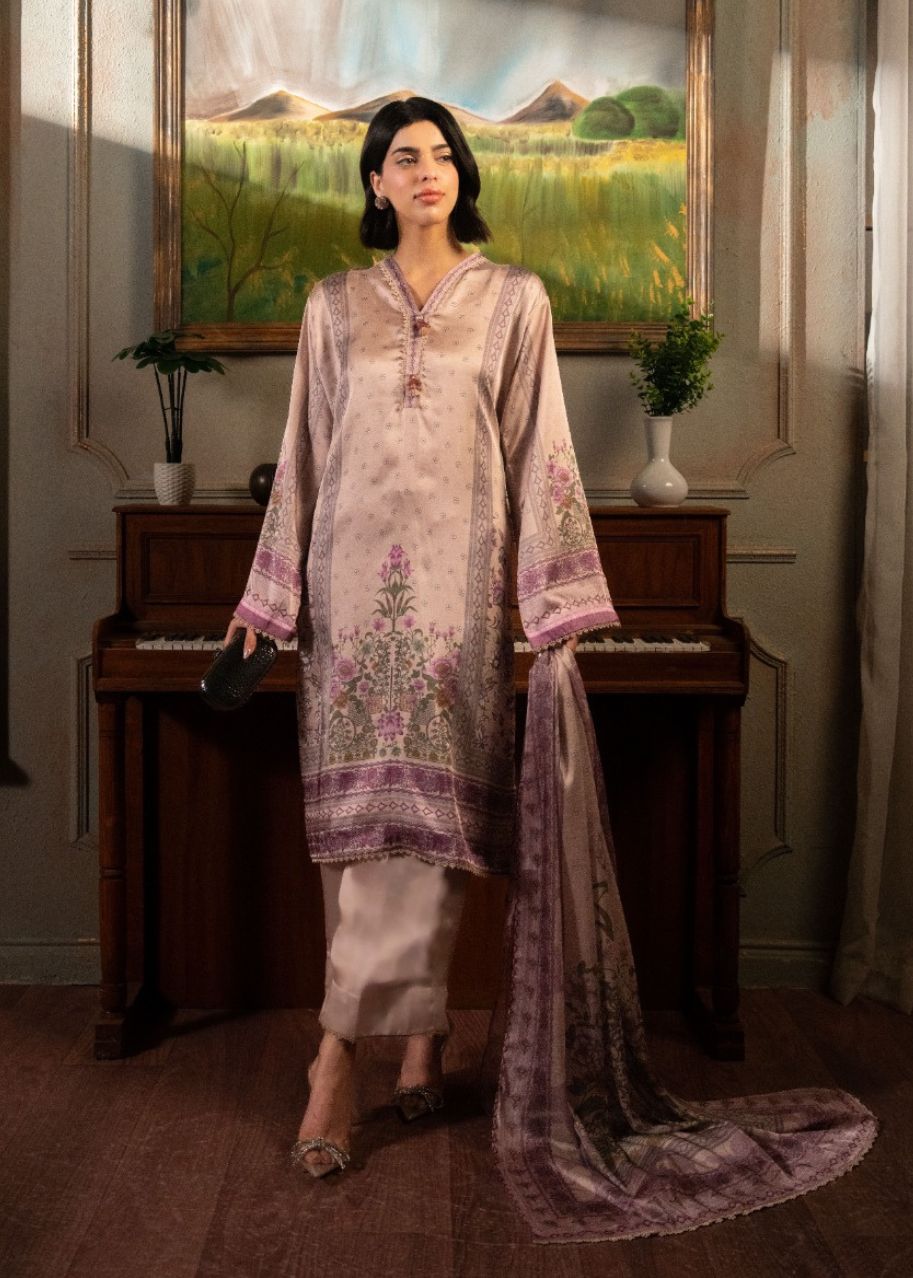Light pink 3-piece suit with long kurta, matching pants, and purple-trim dupatta