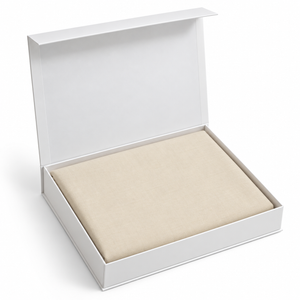 Beige wash-and-wear fabric panel in open presentation box