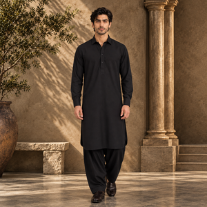 Black long-sleeve kurta with button placket and matching black pajama pants