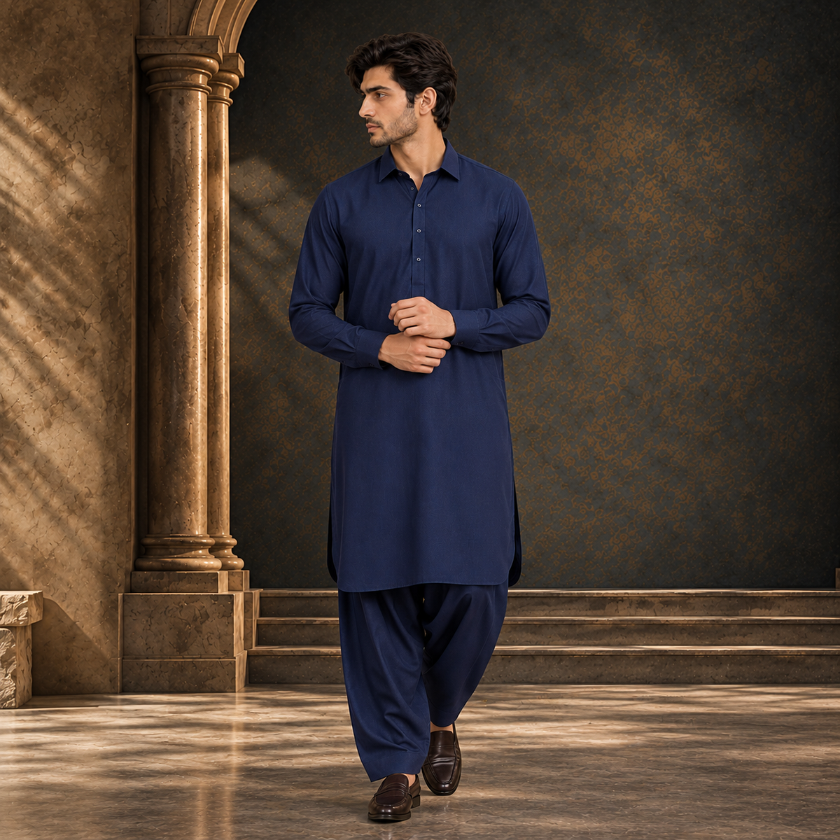 Men's blue kurta-style tunic with long sleeves and buttons, paired with matching trousers