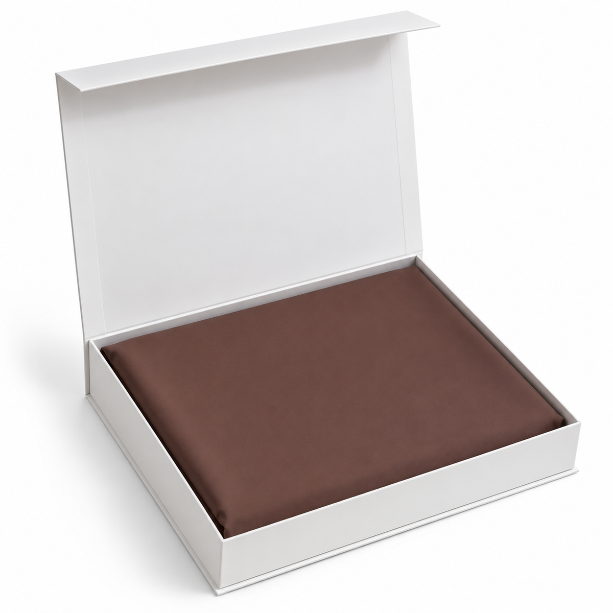 Light brown wash-and-wear ready-to-stitch fabric laid in open white box