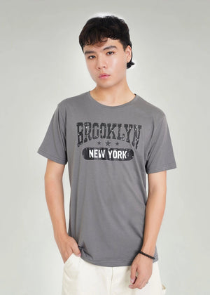 Charcoal crew-neck t-shirt with large 'BROOKLYN NEW YORK' chest text graphic