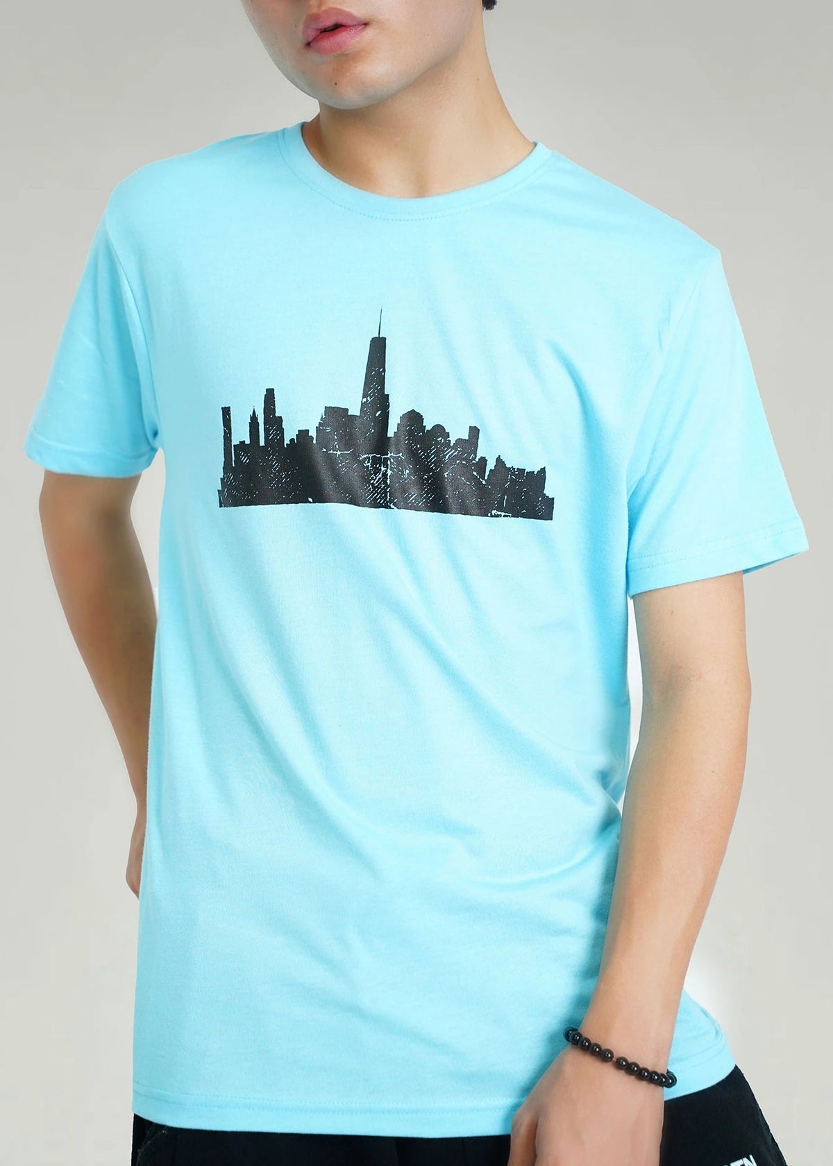Men's sky-blue crew neck T-shirt with black skyline graphic print