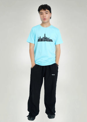 Men's sky-blue crew neck T-shirt with black city skyline graphic on chest