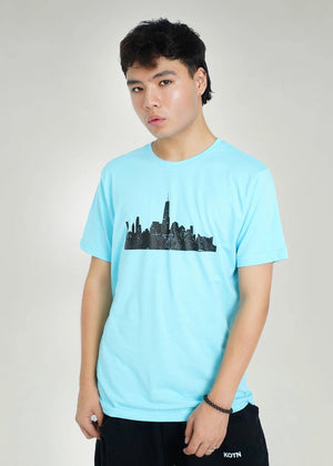Men's sky-blue crew neck T-shirt with black skyline graphic chest print