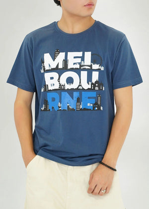 Men's navy round-neck T-shirt with short sleeves and large city skyline graphic